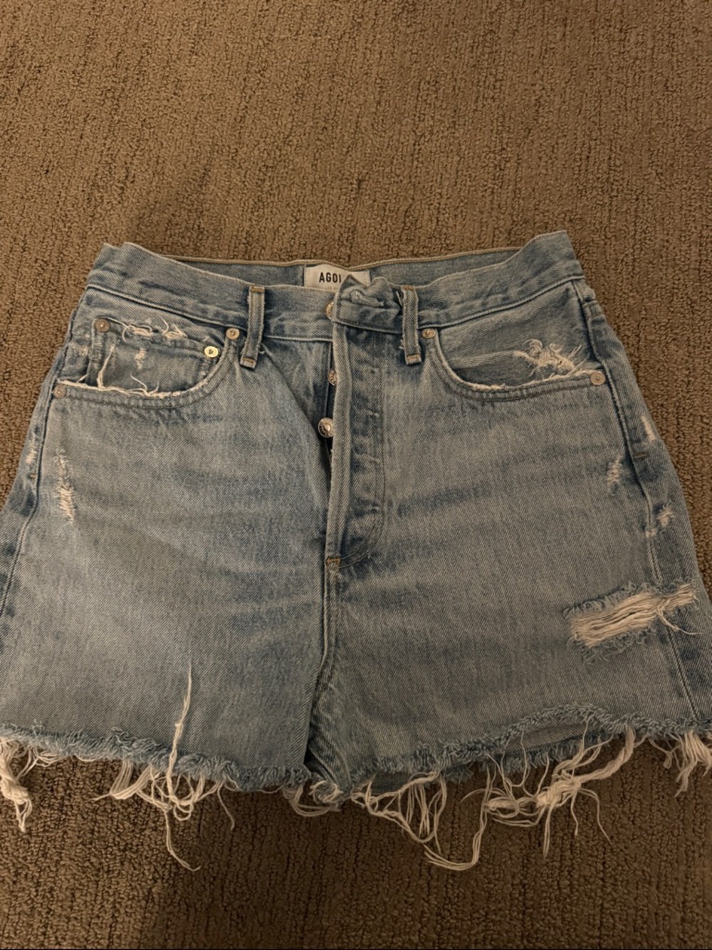Agolde Light Blue Distressed Denim Cutoff Shorts